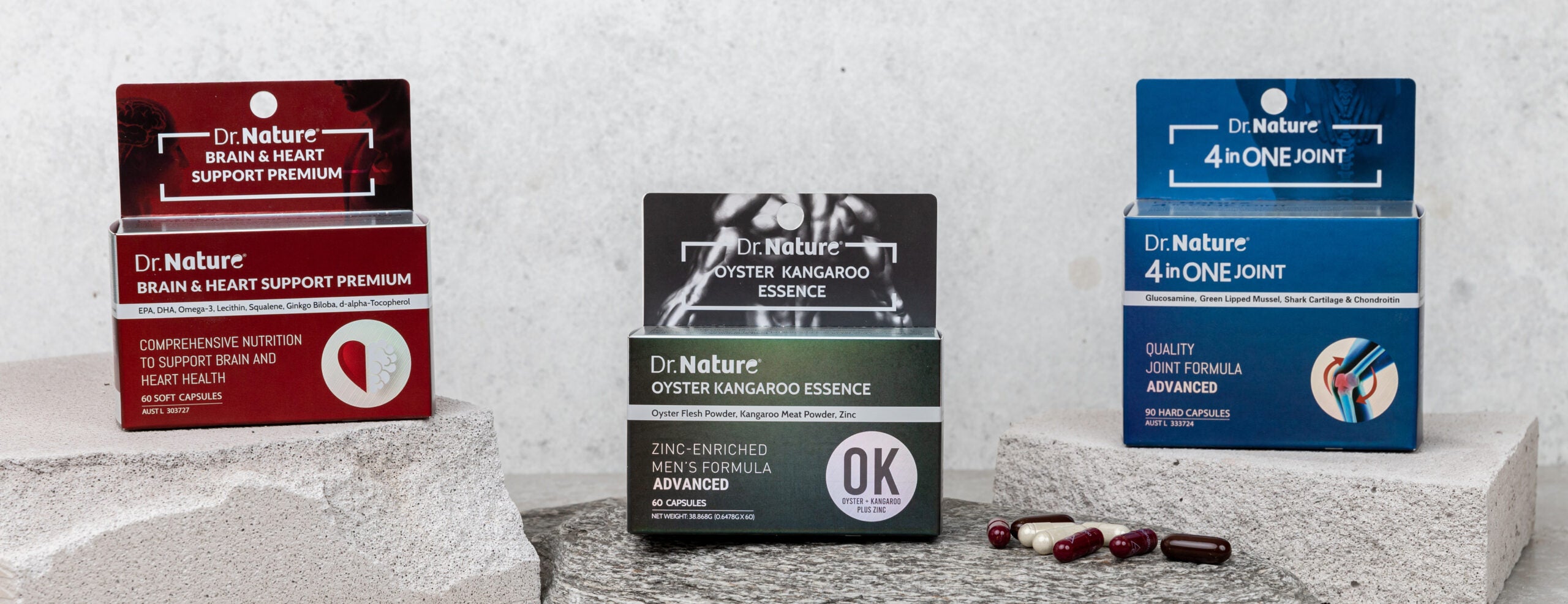 Dr Nature Brain and Heart Support Premium, Oyster Kangaroo Essence and 4 in ONE Joint products