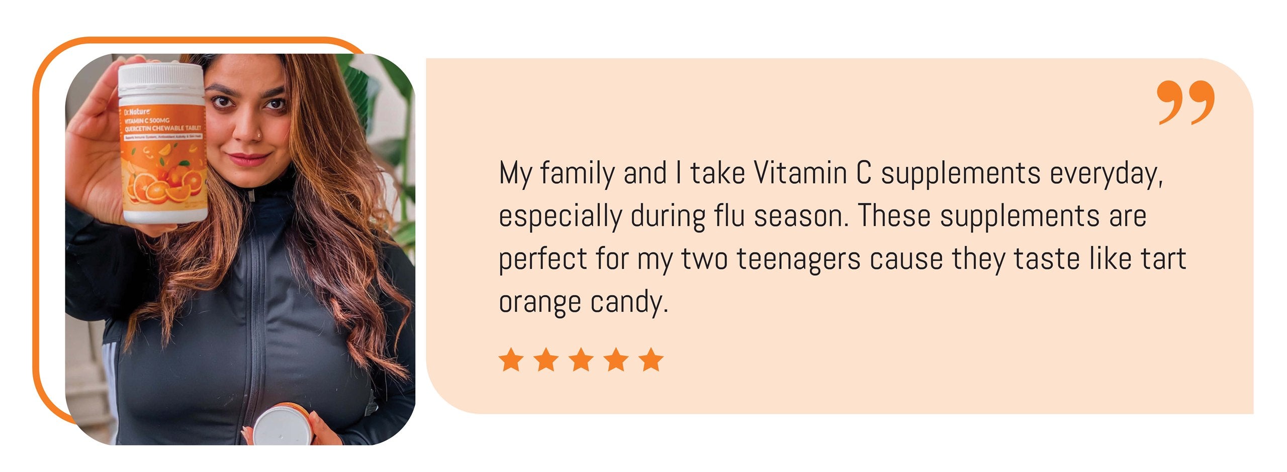 Customer holding Vitamin C supplement review artwork