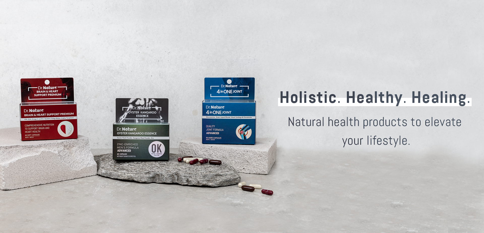 Dr. Nature Brain and Heart Support Premium, Oyster Kangaroo Essence and 4 in One Joint products. Holistic. Healthy. Healing. Natural health products to elevate your lifestyle.