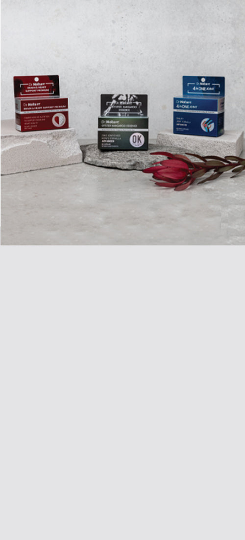 Dr Nature supplement range arranged with Australian native flowers